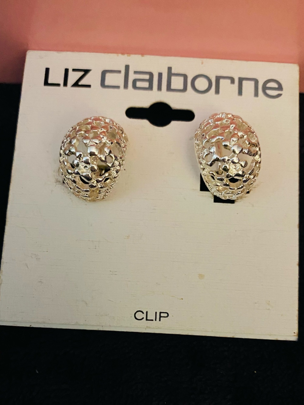 Liz Claiborne Shiny Textured Silver Dome Clip Earrings